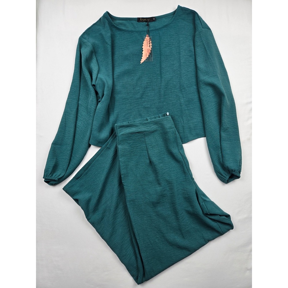 Roylamp Womens 2 Piece Set Medium Teal Wide Leg Pants Crop Top Lounge Outfit NWT